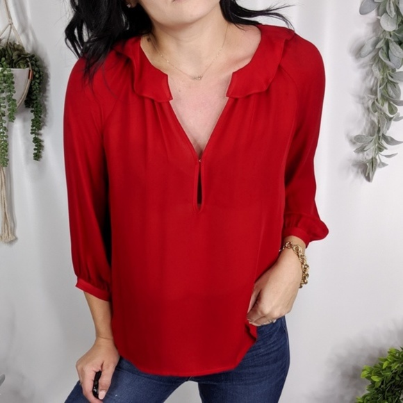 Joie Tops - JOIE Lydie Silk Blouse garnet red ruffled neck 069